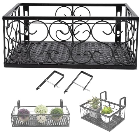 Hapivida Blumentopfhalter Balkon Blumentöpfe zum Hängen für 6,5cm Railing | 30 x 20 x 12 cm Rechteckigen Eisen Schwarzer Blumentopf Halter mit Haken, Geländer Pflanzgefäße Blumentopf für Terrasse