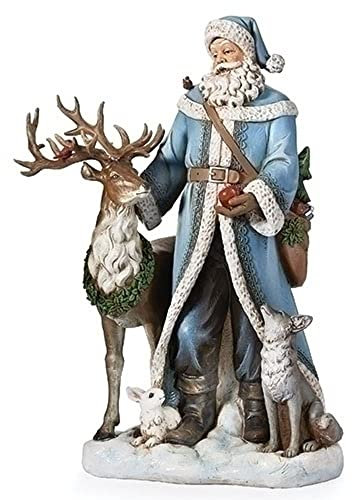 Roman Joseph's Studio 18.5 H Santa with Woodland Animals and Reindeer Figurine, Tabletop Christmas Decoration, Winter Blue
