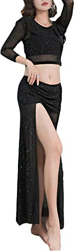 Sexy Bauchtanz Sets Frauen Mädchen Bauchtanz Yoga Klasse Süße Bauchtanz Rock Rave Party Kostüm Rock 2pcs (Color : Black, Size : XXL)