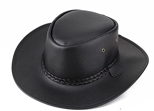 WORNEW Herren-Lederhut Outback-Hut for Herren, Frühling, Sommer, wasserdicht, Leder, Cowboyhut, Western-Regenhut mit Kinnschnur Hüte für Männer (Color : Black, Size : One Size)