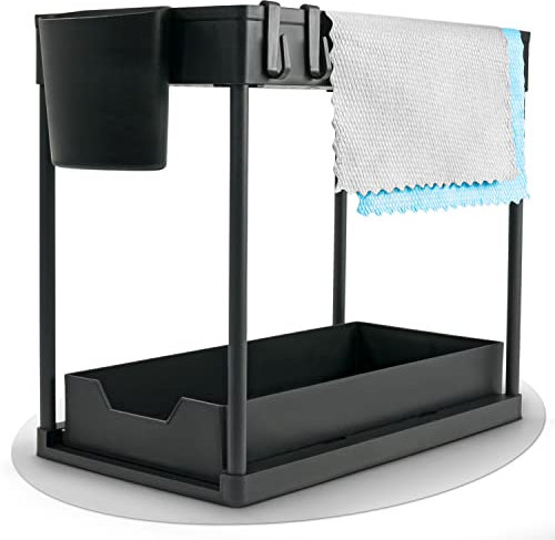 Sandburg® Küchen Organizer 2 Etagen I Unterschrank Organizer mit Schiebeschublade I Waschbeckenunterschrank Regal mit 2 Mikrofasertücher I Spülbecken Organizer mit 4 Haken und 1 Hängebecher