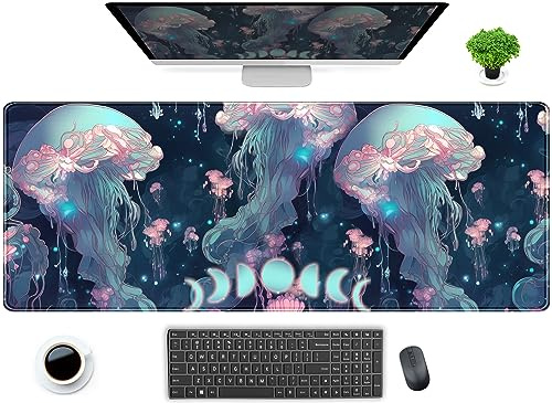 Anime Manet skrivbordsmatta neonblå XL stor utökad spelmusmatta söt hav måne mattor dator laptop tangentbord musmatta skrivbordsdyna 80 x 30 cm, skrivbordsskydd för kvinnor med sydda kanter