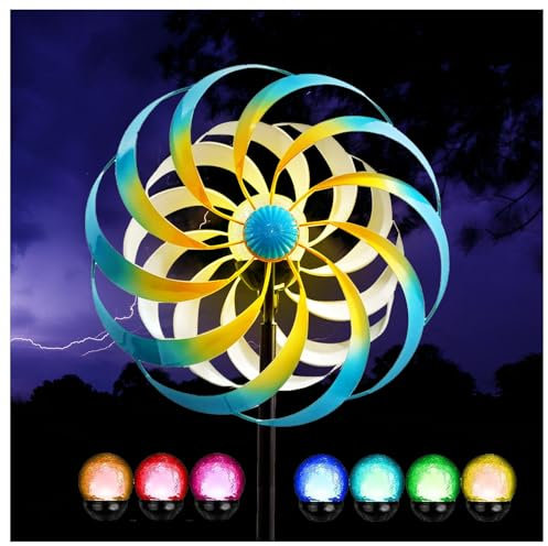 HAZARA Solaire Moulin A Vent Jardin Exterieur, Moulin à Vent Metal, avec Boule en Verre à énergie Solaire avec éolienne cinétique Double Sens Moulin A Vent, pour Jardin Pelouse Patio Cour,Blue