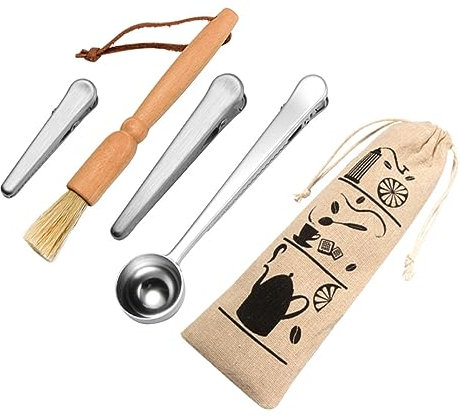 HEMOTON Kaffeelöffel Edelstahl Mit Clip Und 5 Stück Kaffee Reinigungsset Mit Bürste Verschlussclips Und Stoffbeutel Für Kaffee Tee Und Zucker