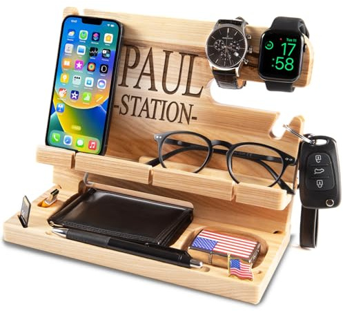 Greta Oto Personalisiert Holz Dockingstation für Handy, Tablet, Geldbörse, Gadgets, Uhr, Schlüssel, Accessories, Ablage für Arbeitstisch, Nachttisch,Geschenke für Männer (Beige)