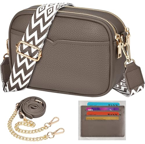 TEUEN Damen-Umhängetasche, Kleine Crossbody Bag PU Leder Elegante Schultertasche mit 2 Abnehmbar Breitem und Kette Schultergurt Handytasche Handtaschen ＆ 4 Geldbeutel Kartenfächer