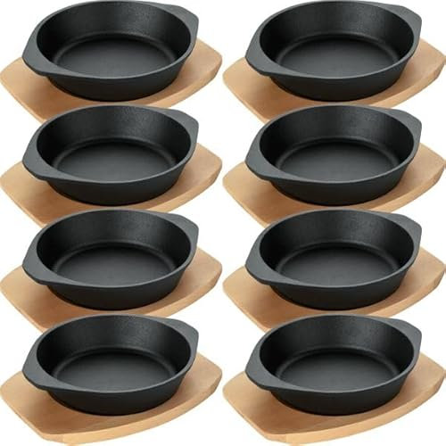 8x Servierpfanne mit Holzuntersetzer und Lappengriffen Ø 18 cm Gusseisen