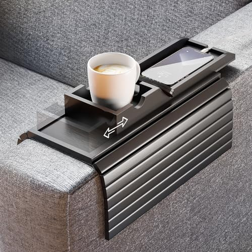 Bestjing Bamboo Couch Armrest Table, Sofa Arm Tray with Detachable Couch Cup Holder- 2 in 1 Anti-Slip Foldable Sofa Armchair Caddy Table for Drinks Cellphone TV Remote Snacks (Black)