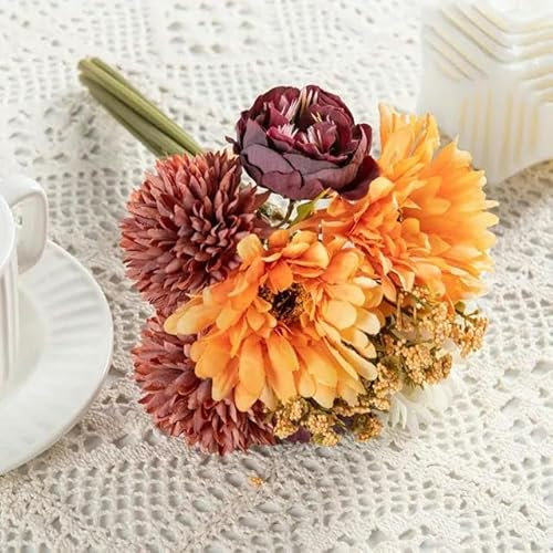 6 Zweige Chrysanthemen-Pfingstrosen-Kombination aus Seide, künstliche Blumen, Weihnachten, Hochzeit, Brautstrauß, Heimdekoration, Orange