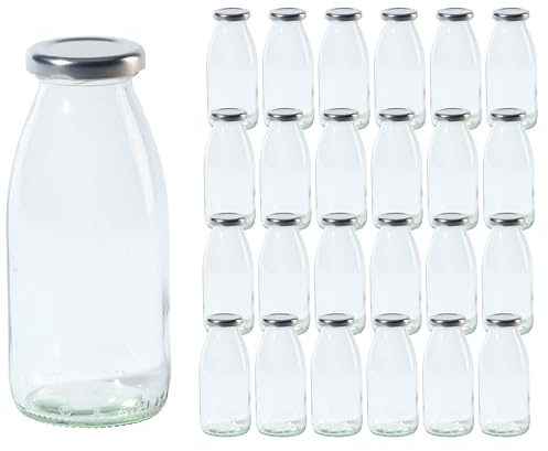Vitrea 24 leere Glasflaschen 250ml Schraubverschluss Silber - Milchflaschen, Saftflaschen, kleine Flaschen zum Befüllen mit Deckel - für Milch, Saft, Smoothies, Öl - 24 Stück, TO43, Hansa
