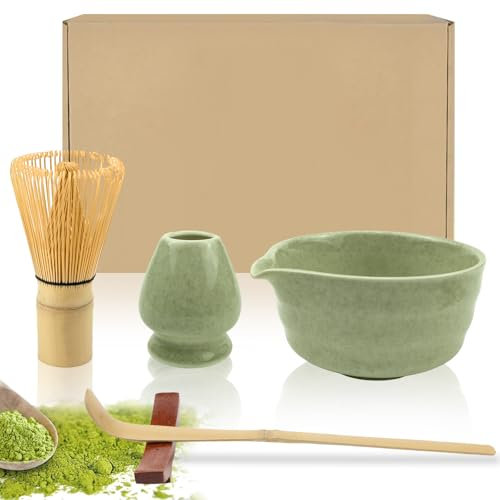 Raxfekro Juego de 5 Escobas Matcha: Batidor, Cuchara, Cuenco Con Boquilla, Whisky y Set de Té de Cerámica
