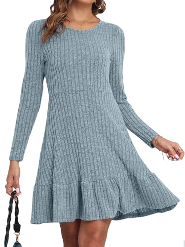 CheChury Stickad klänning för dam höst rund hals tröja långärmad bodycon-klänning vinterklänning elegant stickad tröja casual stretch klänning, Blå, XXL