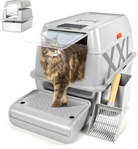 Kalolary XXL Edelstahl Katzenklo mit Deckel, Geschlossene Herausnehmbare Katzentoilette, Große Katzen WC mit Hoher Abnehmbarer Rand, Auslaufsicher, Leicht zu Reinigen (Grau)