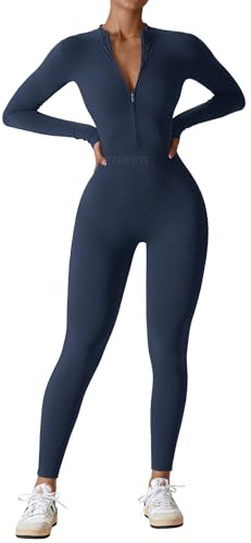 YEOREO Damen Langarm Workout-Jumpsuit mit Reißverschluss Romper Unterteil Hose Bodysuit Bodycon Sexy Einteiler, Mitternacht/Ausflug, einfarbig (Midnight//Getaway Solids), Small