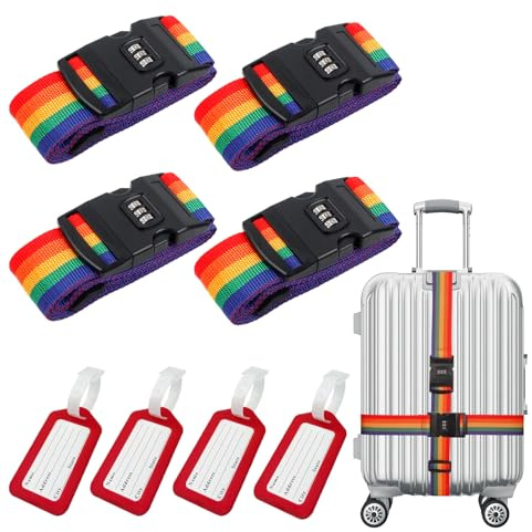 4 Pezzi Cinghie per Valigie,Bagagli con Serratura a Combinazione Cintura Cinghie Valigia, Regolabili Cintura Sicurezza per Bagagli,Cinture per Valigie Accessori da Viaggio(Colore dell'arcobaleno)