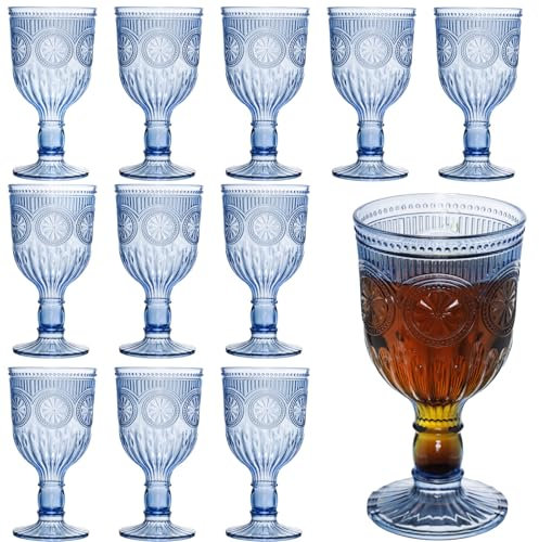 12 Pack Vintage Wine Glasses, Plastic Reusable 12 Ounce Colored Water Goblets, Unique Flower Embossed Pattern Unbreakable Stemmed Wine Glasses High Clear Wedding Party Bar Drinking Cups Blue