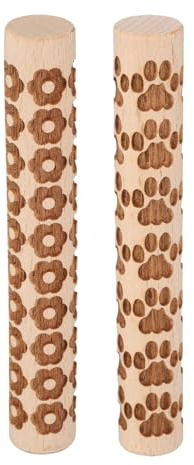 sourcing map Lot de 2 rouleaux à pâte à modeler en bois de 10,2 cm, motif empreintes de pattes de fleurs, outils de poterie, rouleaux de texture de grain de bois pour argile, pâte à modeler, pâte à