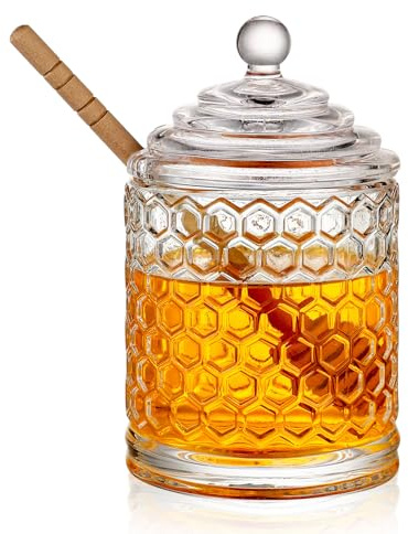 WHJY 9oz Honey Pot with Dipper Small Honey Jar with Dipper Cut Honey Combs Containers Clear Glass Honey Jar with Hive Shape Lid