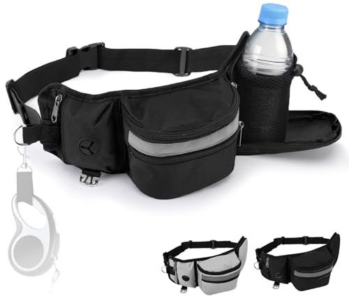 Correa Cintura, Correa para Multifuncional, Correa Manos Libres con Bolsillo, Antitirones, Ajustable Correa, Adiestramiento para Perros para Pasear Perros Correr (Negro)