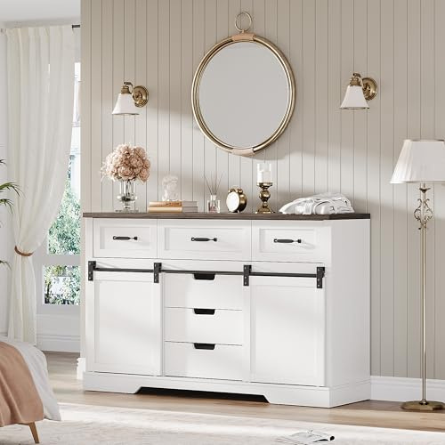 IDEALHOUSE Farmhouse 6 Drawers Dresser for Bedroom with Sliding Barn Doors, Wood Dresser & Chest of Drawers, Rustic Dressers TV Stand, Dressers Organizer for Bedroom, Living Room, White