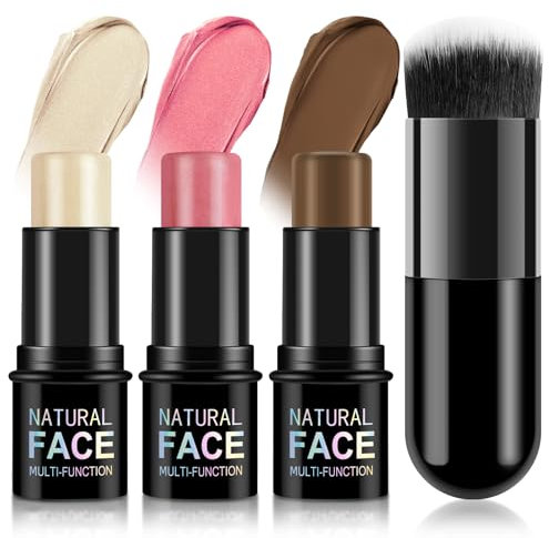 LOPHE Contour Highlighter, 3 Stück Blush Sticks Creme Contour Make Up Set, 3 in 1 Highlighter Blush Stick mit Pinsel für Wangen Augen, Lang Anhaltende Wasserdichte(A)
