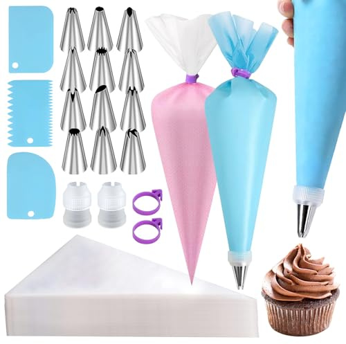 Glaze Bags and Tips Set, Icing Bags and Tips, 100 Disposable Glaze Bags and Spray Tips for Cupcakes, Cookies, Pastries, Baking (120)