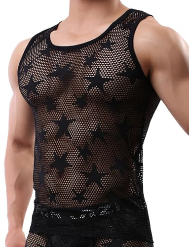 Camiseta sin mangas de malla para hombre, con diseño de rejilla, con hueco, sin mangas, con estrellas, elástica, para entrenamiento, gimnasio, deportes, ropa interior para club, Negro, M