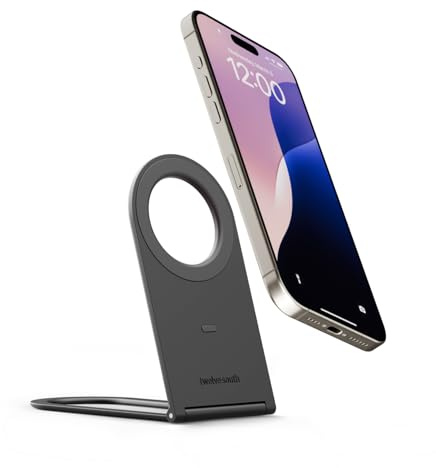 Tolv South Curve Nano – bärbart justerbart telefonstativ, elegant vikbar design för iPhone, Android, smarttelefoner – handsfree-visning, resvänlig, kompakt för skrivbord, hem, kontor, skiffer | Qi2-kompatibel, justerbar vinkel, halkfri bas, vikbar platt telefonhållare