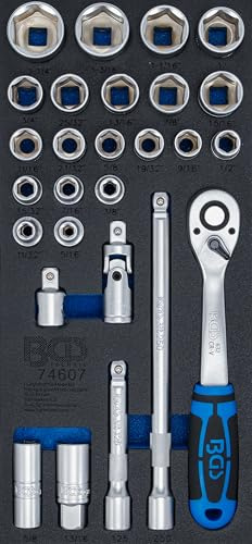 BGS 74607 | Werkstattwageneinlage 1/3 | Steckschlüssel-Satz | Zollgrößen | Antrieb Innenvierkant 12,5 mm (1/2) | 27-tlg. | Umschaltknarre 90 Zähne | Verlängerungen, Kardangelenk