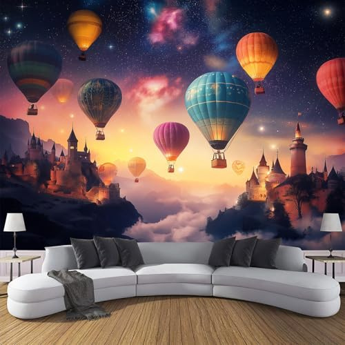 Fotomural Paisaje Fantasía 3D Pintura 350×256cm Globo Aerostático Castillo Papel Pintado de Seda Fotográfico,Púrpura Decoración De la Pared Murales para Salón, Dormitorio, Habitación para Pared de TV
