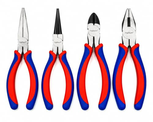 INGDAUM® Pinces – acier carbone forgé à matrice, finition polie – Pince multiprise, pince universelle, pince à bec long, pince coupante diagonale, plate et/ou ronde (4 pinces)