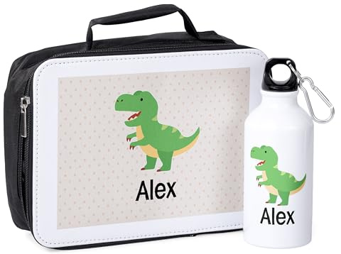 Made In Gift - Regalo Original - Kit para Merienda Infantil Personalizado - Lunchera para niños y Cantimplora - Diseño Dinosaurios - Nombre Incluido - Perfecto para Cole y Excursiones