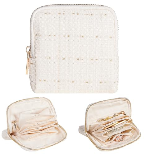 Enthralite Women Travel Jewelry Case: Soft Bag with 5 Pouches for Ring Earring Necklace - Christmas and Birthday Gifts Choice (White)