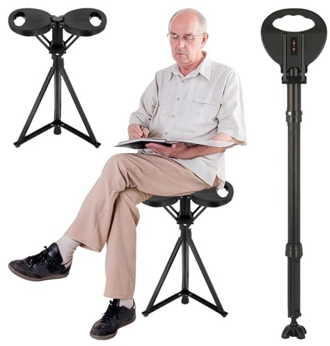 Bastón de paseo con asiento, bastón para personas mayores y adultos, bastón plegable portátil con bolsa de transporte, bastón de senderismo ajustable en altura con capacidad de asiento de 250 kg