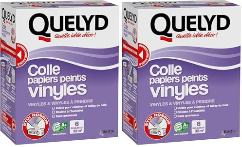 Quelyd Colle Papiers Peints Vinyles – Idéale pour Cuisine et Salle de Bain – Dosage Ultra Facile – Sans Grumeaux – Sans Solvant – Poudre 300 g (6 rouleaux - 32 m²) (Lot de 2)
