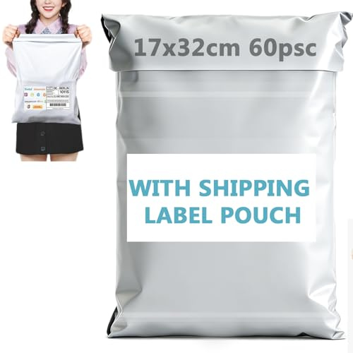 XRXYMQ Versandtaschen 60 Stück 17 × 32 cm Plastiktüten mit Tasche für Versandetikett blickdicht wasserabweisend weiße unbedruckte für Kleidung und Waren