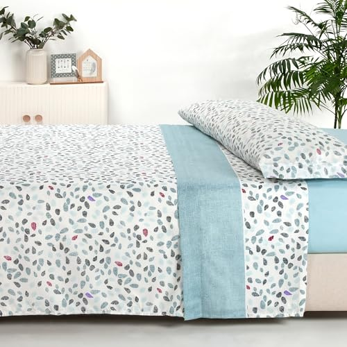 Sábanas 90x190 - Juego de Sábanas 3 Piezas - 100% Microfibra Suave y Transpirable - Sábana Bajera Ajustable, Encimera y Funda Almohada - Ropa de Cama Estampada (Harper Aqua)