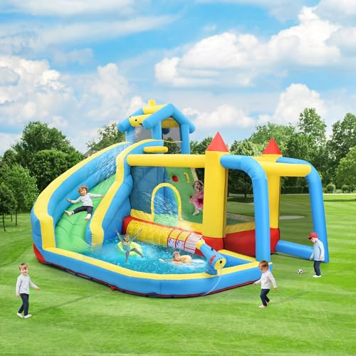 MURUL Castillo hinchable para niños con tobogán, zona de salto, piscina de agua y red de fútbol, azul, para niños de 3 a 10 años