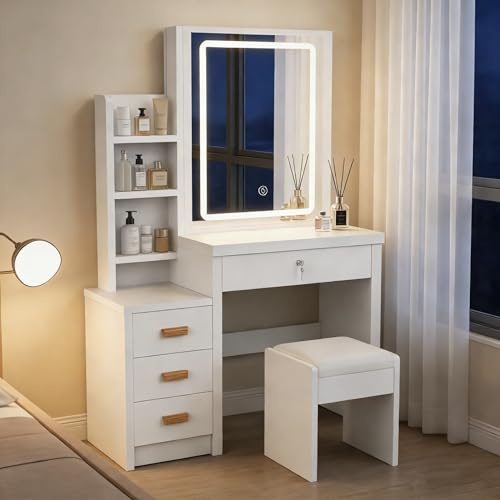 Oyajia Coiffeuse avec éclairage LED, Miroir et luminosité réglable, Coiffeuse avec Tabouret, 4 tiroirs et 7 étagères, Coiffeuse Moderne, en Bois, Blanche