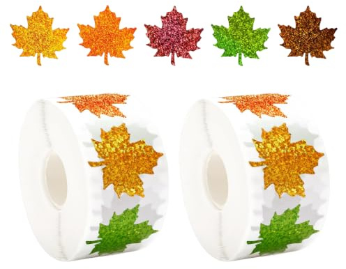 1000 Stück Herbst Aufkleber für Kinder, Herbststicker Rolle mit Glitzer Ahornblättern und Herbstlaub, Selbstklebende Blätter Sticker für Basteln, DIY Herbstdeko, Fenster, Umschläge und Schulprojekte
