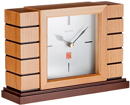 Bulova B1659 Usonian II Frank Lloyd Wright Horloge de cheminée en Bois Finition Naturelle avec Base en Noyer