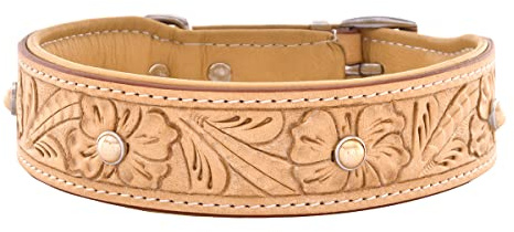 MICHUR Rafael Hundehalsband Leder, Lederhalsband Hund, Halsband, BEIGE, Leder, mit gestanzten Blumenmuster und beigen Steinchen, in verschiedenen Größen erhältlich, Halsumfang 41-49cm | Lederhalsband Hund, Blumenmuster, Beige Halsband, mit beigen Steinchen, Verschiedene Größen erhältlich