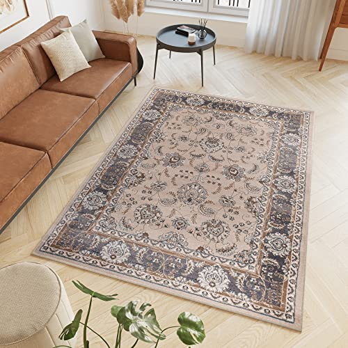 TAPISO Colorado Teppich Kurzflor Beige Grau Mosaik Blume 200 x 300 cm | strapzierfähiger Teppich Wohnzimmer Klassisch Orientalisch Ornament Muster Orientteppich OEKO-TEX