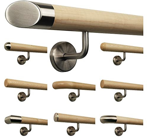 Ahorn Geländer Handlauf Treppe Holz Griff gewinkelt Edelstahlhalter, Länge 30-500 cm aus einem Stück/Variante:170 cm mit 3 Halter schräges Edelstahlendstück