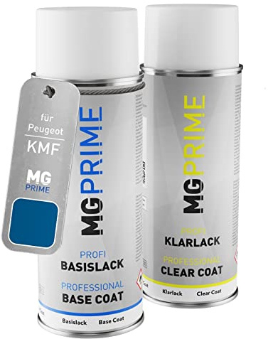 MG PRIME Billack Spray can set för Peugeot KMF Bleu Recife Nacre Metallic/Aegean Blue Metallic Base coat klarlack spray can 400ml