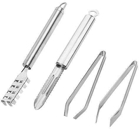 4 Stück Fisch Scaler Skala Entferner, Fisch Knochen Pinzette, Rutschfeste Edelstahl Flach und Schräge, Skala Remover Reiniger Scaler Scraper Schnelle Reinigung Fisch Edelstahl Fisch Skala Bürsten