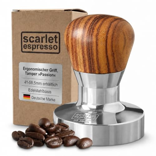 Scarlet espresso Passion tamper for baristas with ergonomic PVC or precious wood handle of your choice and precision stainless steel base 58,5 mm rosewood