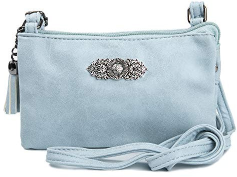 Enzianblau Trachten: Tasche in Leder-Optik mit Ornamentbrosche, Trachtencluch, Oktoberfest Tasche zum Dirndl (hellblau)