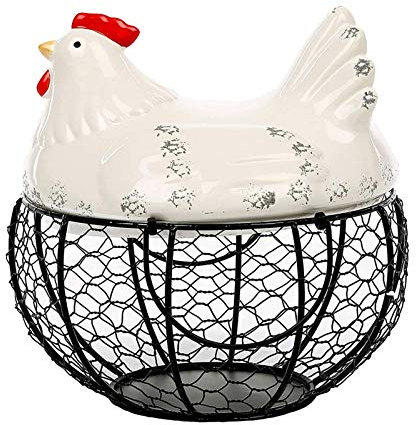 Tubayia Cesta para huevos de cerámica con forma de gallina, de metal, para la cocina (1 juego de cesta para huevos)