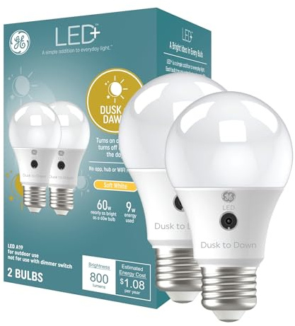 GE LED+ A19 Dusk to Dawn LED Light Bulbs, Automatic On/Off Outdoor Security Light, Soft White (2 Pack)